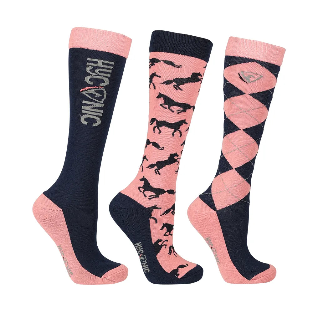 HYCONIC Children's Pattern Socks by Hy Equestrian Pack of 3 #colour_navy-rose